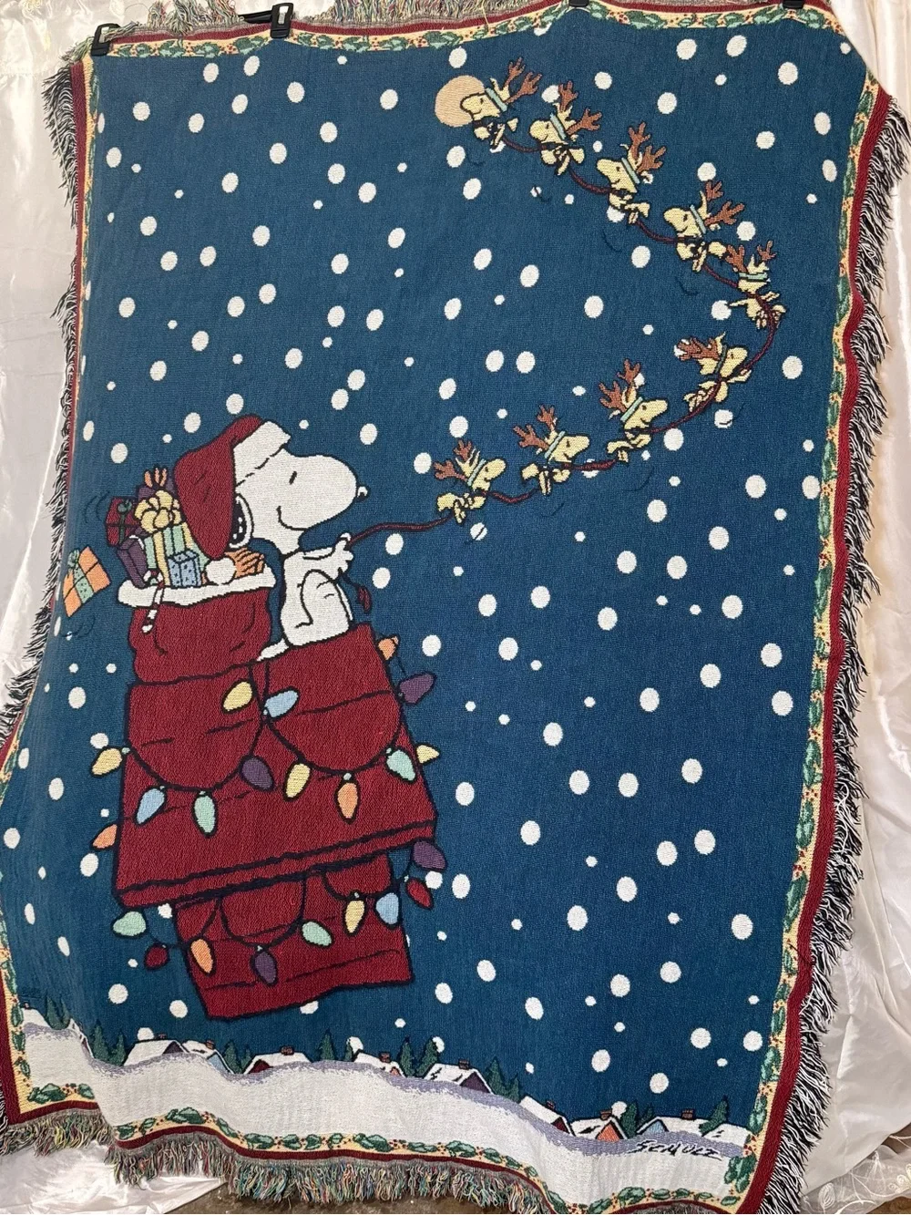 VTG Peanuts Snoopy Christmas Woven Tapestry/Thrw/Blankt Fringe Holiday Woodstock